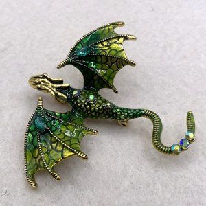 New 3D Enamel & Rhinestone Dragon Brooch Pin Pendant 2.75"x2.5" Green Gold